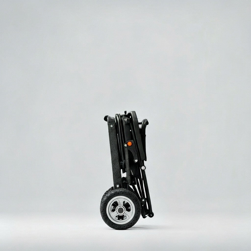 Black folding wheelchair on a light gray background